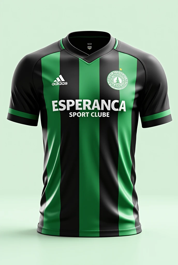 Create a football jersey with the name and logo Esperança Sport Clube in green, black and white stripes