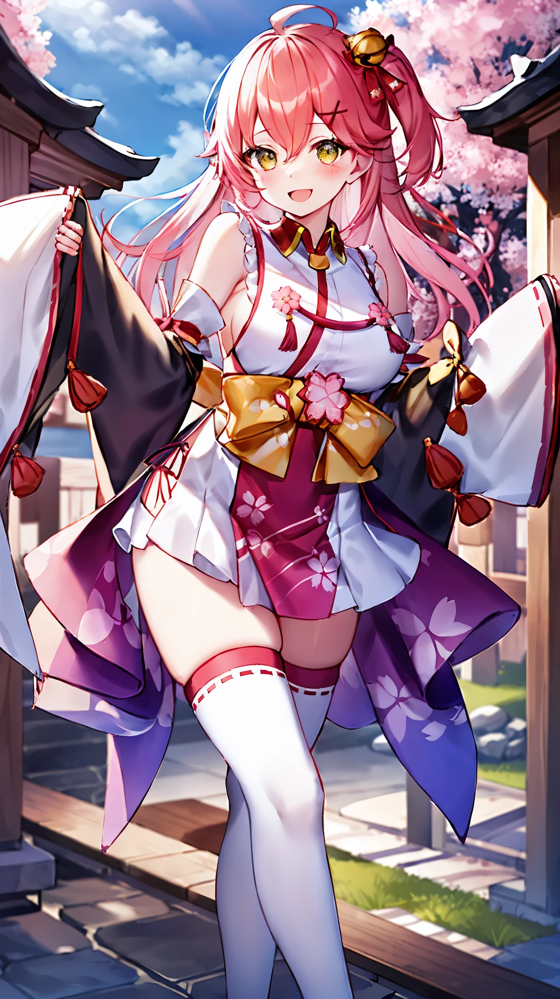masterpiece, best quality, highres, miko1, sakura_miko, 1girl, big_boobs, solo, ahoge, x_hair_ornament, pink_hair, floral print, hairclip,(side_less_clothes:1.5), (side_boobs:1.5), hair_bell, floral print, long_hair, hair between eyes, one side up, white thighhighs, asymmetrical legwear, wide sleeves, open_mouth,(happy:1.3),gleen_eyes,big_smile,(rise_leg:1.3),plump,apart_legs,(overly_long_sleeves:1.3),),sleeves_past_wrists,hands_hidden_sleeves,sidelock_clothes,dynamic_posing,solo,hidden_wrists,(XD:1.4),covered_nipples,sunlight,cherryblossom_temple_landscape_background,