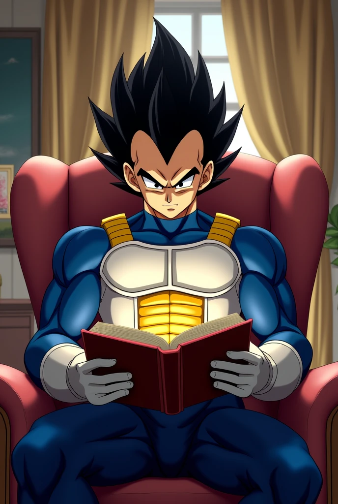 Vegeta, in his room reading a book