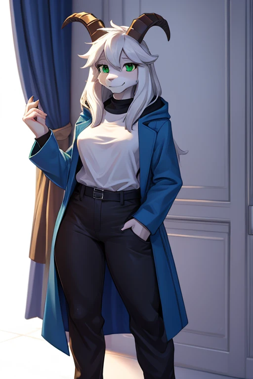 woman, alone, white background, furry, goat, anthropomorphic, goat, asriel, undertale, medium breasts, big ass, wide medium hips, perfect body, tall stature, long hair, green eyes, common pupils, anthro face, cartoon, smile, blue coat, black t-shirt, brown pants, white claws, facing viewer, barefoot, detailed art, best quality, fix disfigurement, best detail, details in quality.