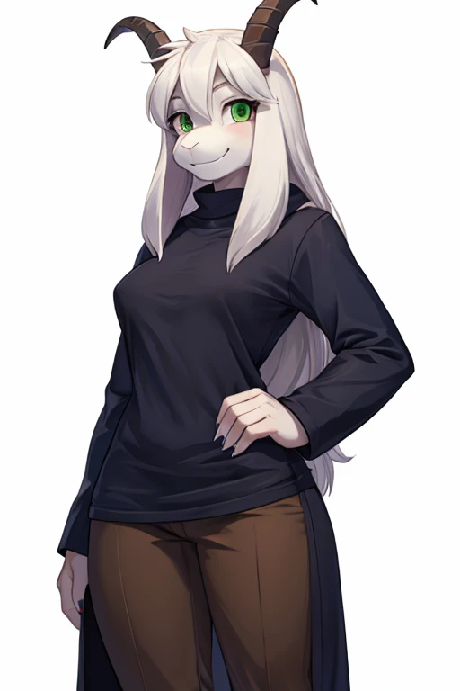 woman, alone, white background, furry, goat, anthropomorphic, goat, asriel, undertale, medium breasts, big ass, wide medium hips, perfect body, tall stature, long hair, green eyes, common pupils, anthro face, cartoon, smile, blue coat, black t-shirt, brown pants, white claws, facing viewer, barefoot, detailed art, best quality, fix disfigurement, best detail, details in quality.