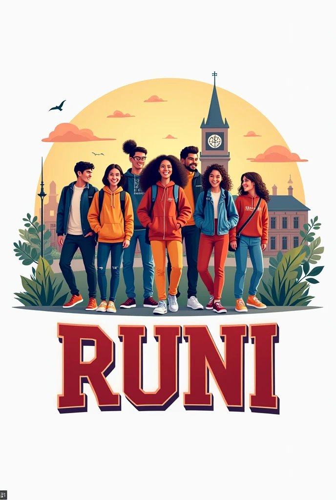 Create a logo with the name RUNI and one behind several university students 