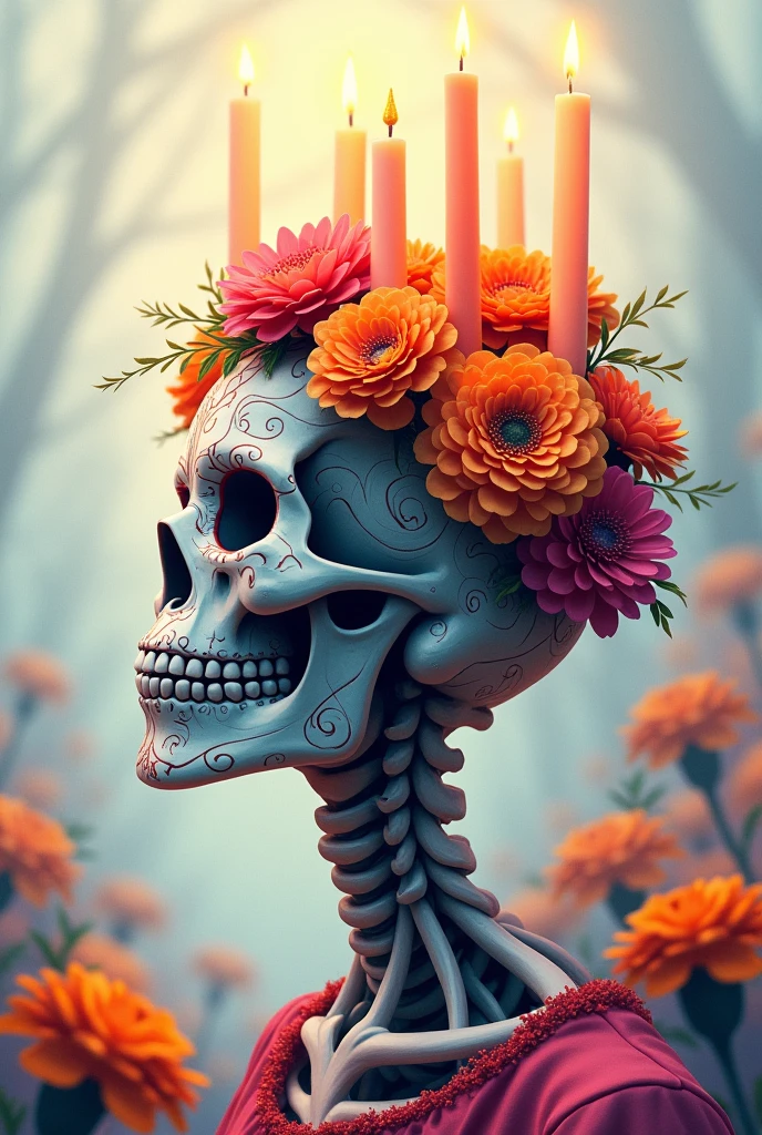 Sugar skull profile with candles in the shape of a crown and marigold flowers in a pastel dream style