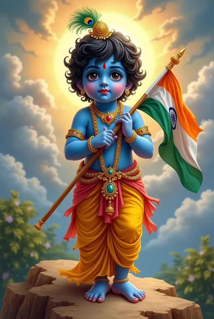Bal Krishna in hand indian flag