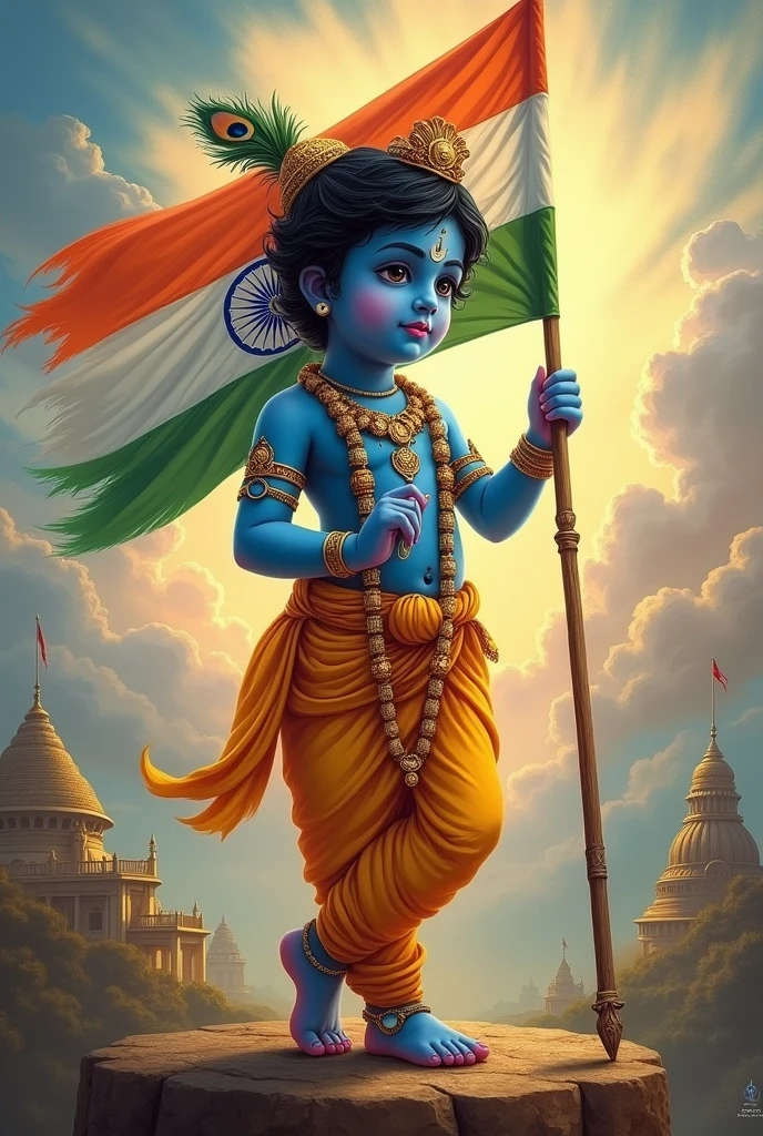 Bal Krishna in hand indian flag