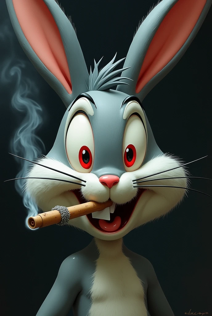 Bugs Bunny with red eyes and a lit joint in his mouth.