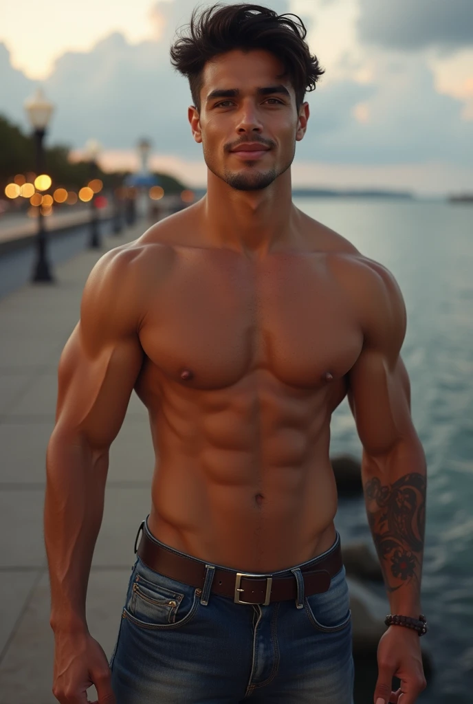 photorealistic, best quality, masterpiece, extremely detailed, sexy, homoerotic, extremely handsome, 20 year old muscular latin man, muscular, smiling, takes your photo with a DSLR camera, by the pier, extremely romantic atmosphere, perfect face, perfect fingers, perfect hands, perfection