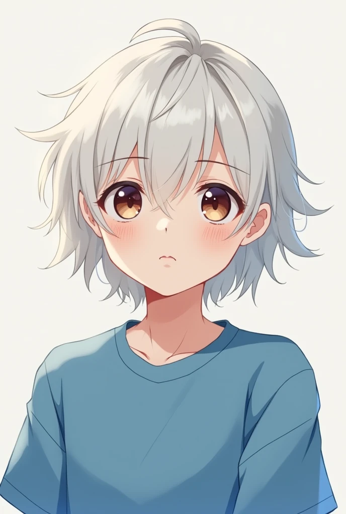 Anime boy with white hair brown eyes with blue shirt 