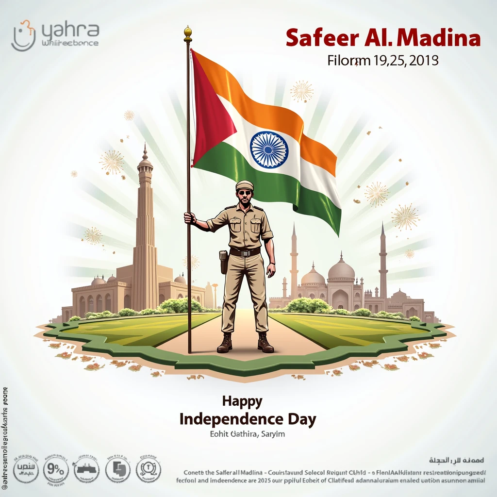 Independence day poster with safeer al madina written on top as company name