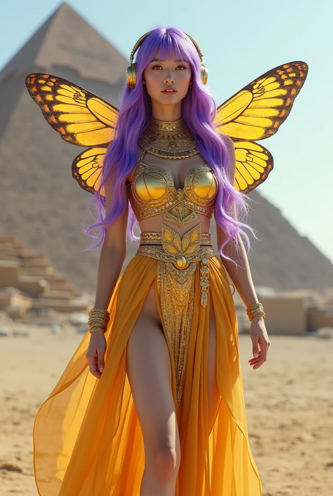 Korean butterfly woman with purple hair and headphones,wearing golden pharaoh's clothes and a pyramid background,fully body,fully body pés descalço