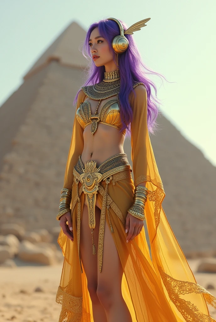 Korean butterfly woman with purple hair and headphones,wearing golden pharaoh's clothes and a pyramid background,fully body,fully body pés descalço 