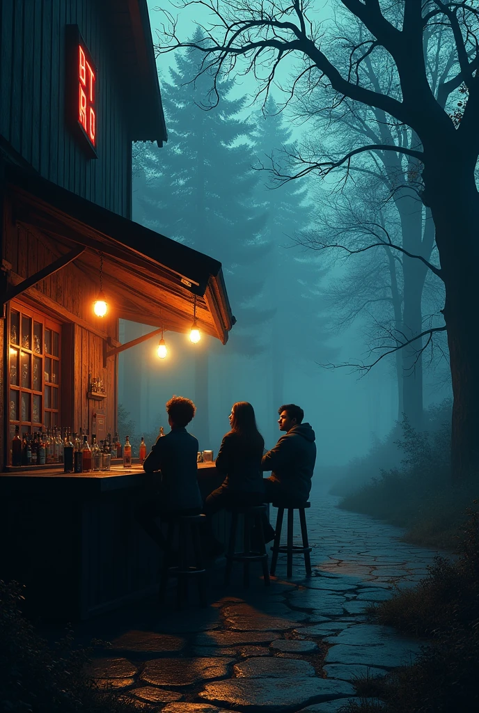A bar outside the haunted forest or 3 friends under the bar ai view imege with car
