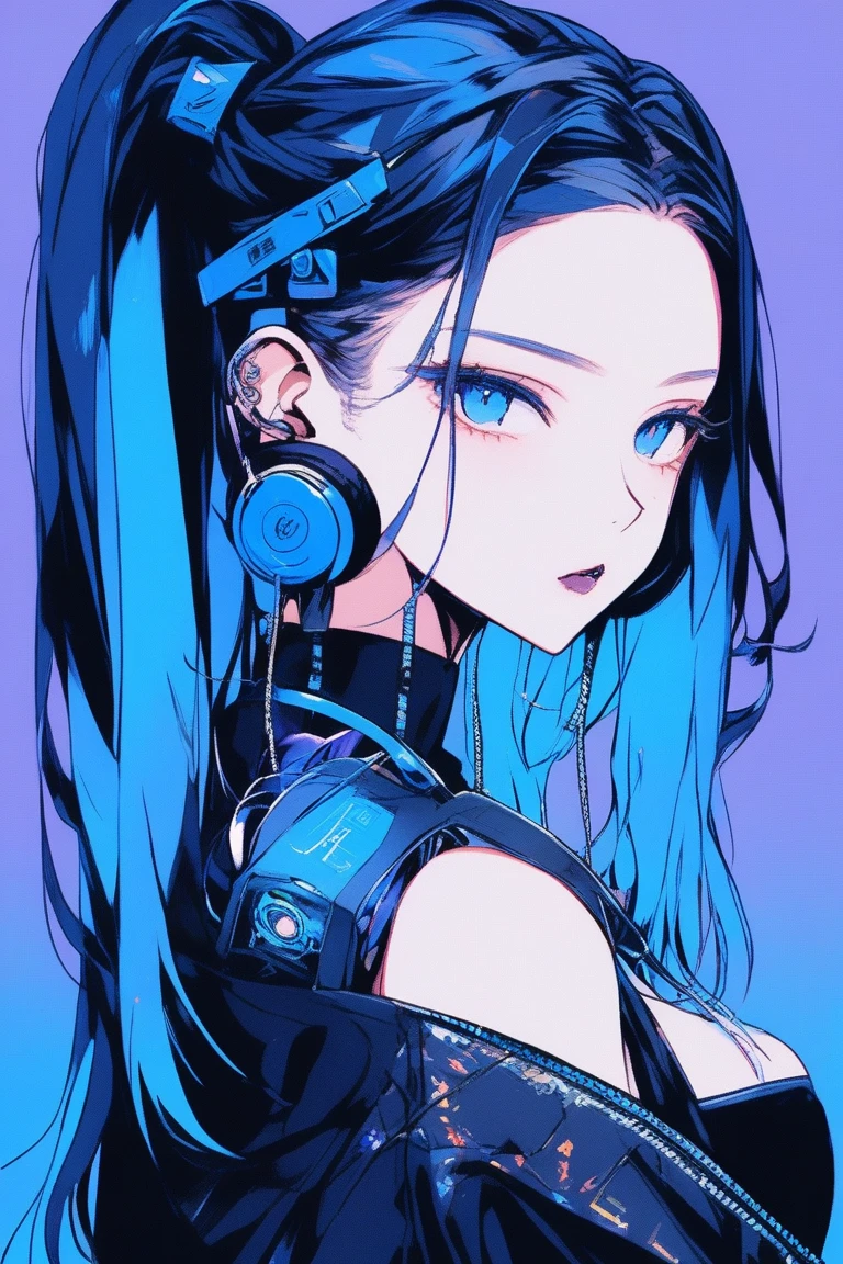 ((masterpiece,Highest quality)), 8k, anime , Realistic ,sketch, anime風のポートレート, 黒猫を連れたanimeの女性, 20-year-old, Blue gradient background, ((cyberpunk style)), Neon long twin tail hair, lip, Big earrings, Wear headphones, Texture Trim, Canadian, Upper Body, (masterpiece,Highest quality)