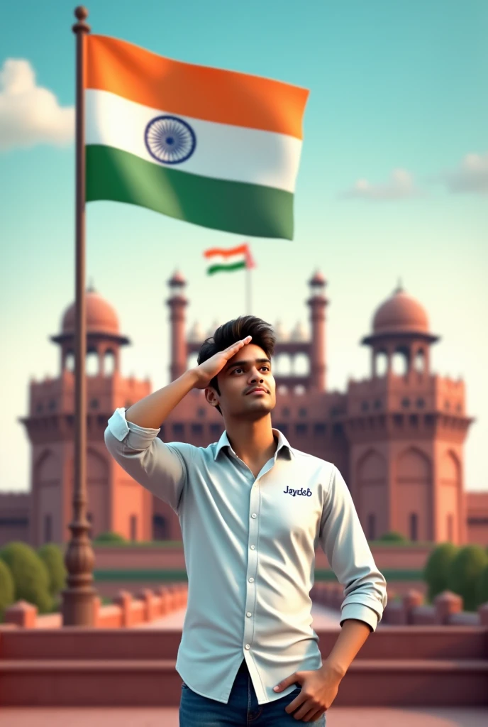 Create a 3D image of 22 years old boy is wearing White color shirt and saluting to indian flag and behind him red fort placed a hoisting flag on that, written Happy Independence Day 2024" on the sky and "Jaydeb" is written on his shirt with bold letters and also in overall image has the divine background like indian republic day. Everyone is celebrating