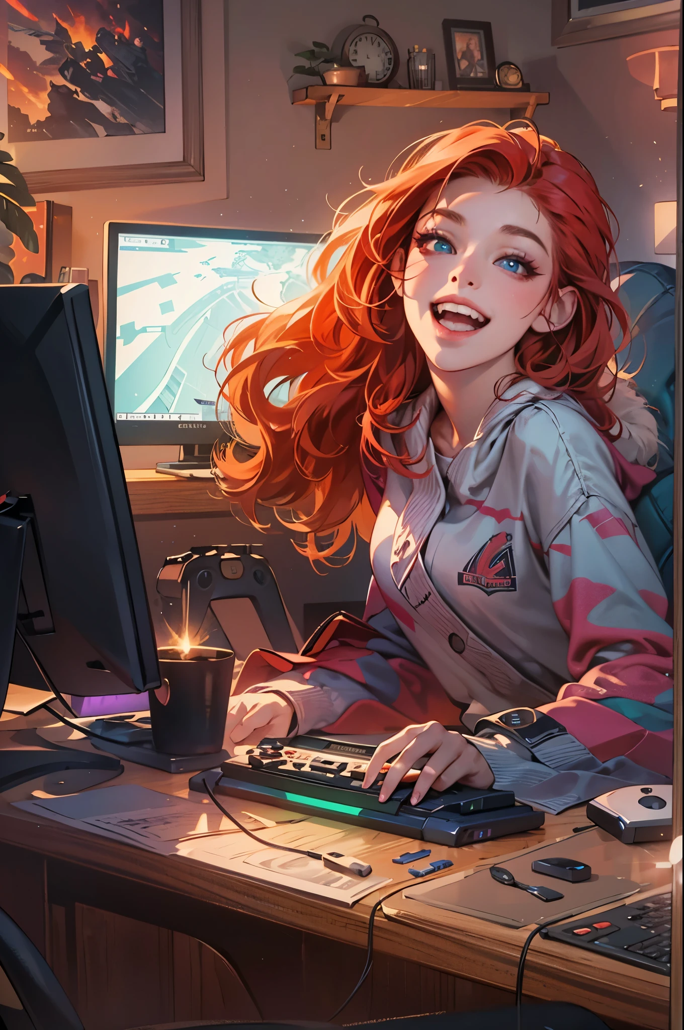 redhead girl playing video game on computer and laughing, beautiful detailed eyes, beautiful detailed lips, extremely detailed face, long eyelashes, game controller in hands, sitting at desk, computer monitor, colorful room, warm lighting, photorealistic, 8k, highres, masterpiece, vibrant colors, dynamic composition, cinematic lighting