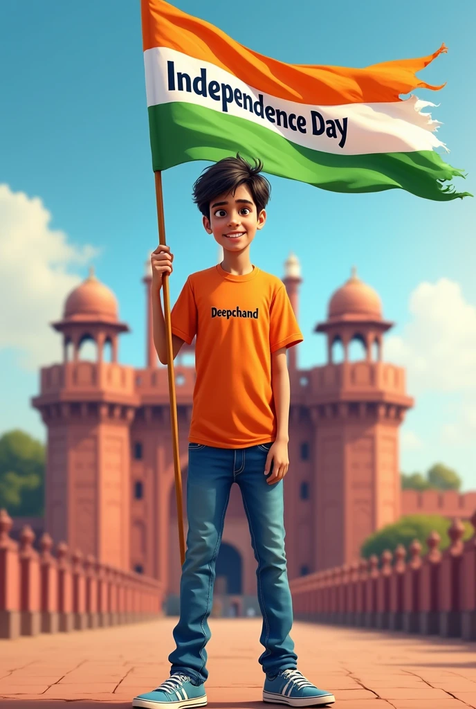 A real 30 years old boy, Wearing Orange T shirt blue jeans sneakers and the name “Deepchand” is written on his t-shirt and the boy is standing on the road with holding a national flag of India, and behind him is the Red Fort Delhi. And written on sky “Independence Day” Create Realistic image high quality