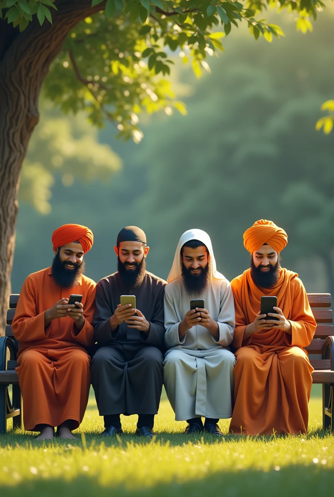Four friends Hindu, Muslim, sikh and Buddhist in park seats on bench,
They played in mobile phones.
Behind Christian thief there