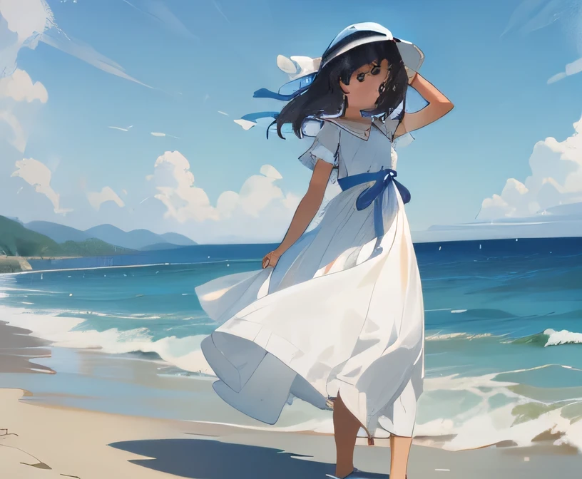 A young girl walks on the beach，One hand up，Ruffle your hair，With a visor，Wearing a white dress，Behind you is the sea，Islands in the distance，Gentle light，The black skin girl   wearing long white dress with blue ribbons