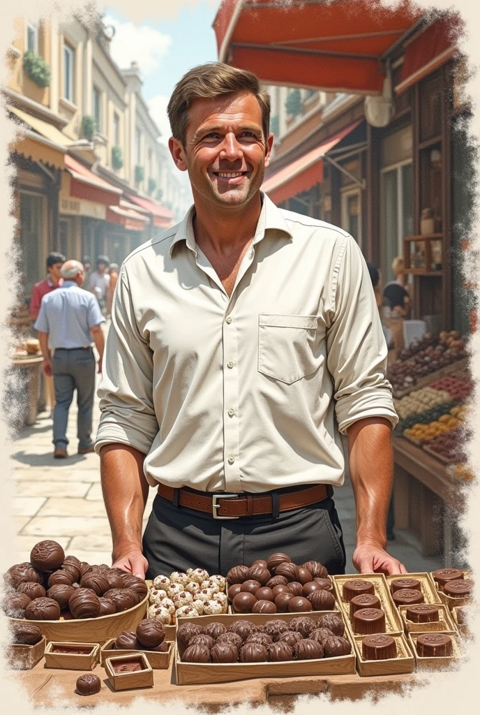 Drawing of a man selling chocolates