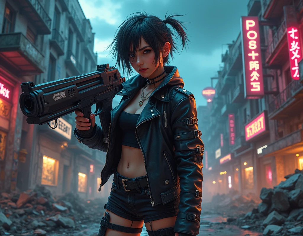 A cool, confident girl with a rebellious attitude, standing in an urban, post-apocalyptic environment. She has short, messy hair, a fierce expression, and is casually shouldering a gigantic, massively overiszed futuristic gun. The weapon should be 3 times the size of the girl. Her outfit is a mix of cyberpunk and street style, with neon accents, leather, and metallic details. The background is a gritty cityscape with crumbling buildings, graffiti-covered walls, and flickering neon signs. The sky is dark and ominous, with a few beams of light cutting through the clouds. The atmosphere is tense, with a sense of impending action, and the scene is filled with small details like scattered debris, smoldering ruins, and distant city lights