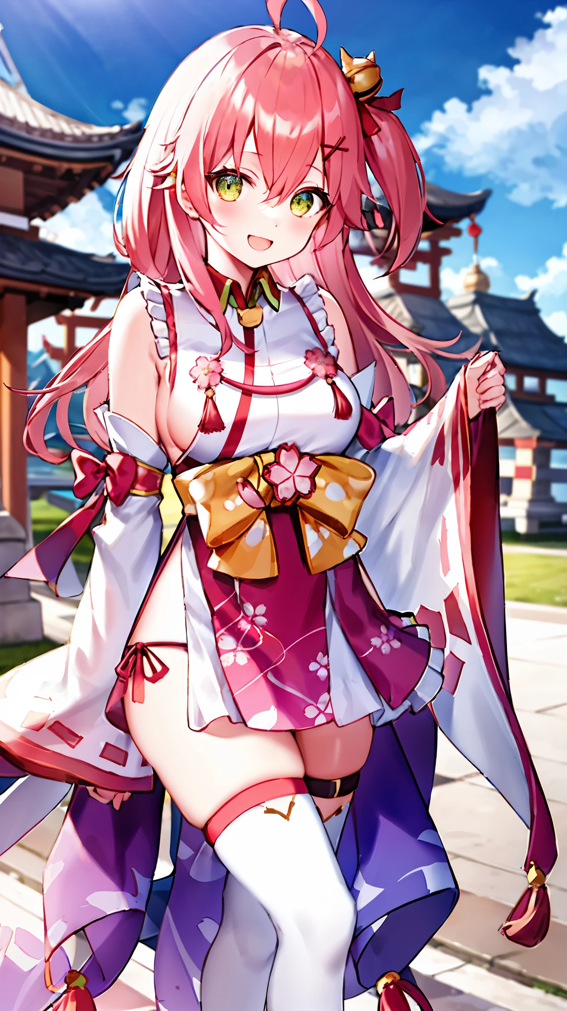 masterpiece, best quality, highres, miko1, sakura_miko, 1girl, big_boobs, solo, ahoge, x_hair_ornament, pink_hair, floral print, hairclip,(side_less_clothes:1.5), (side_boobs:1.5), hair_bell, floral print, long_hair, hair between eyes, one side up, white thighhighs, asymmetrical legwear, wide sleeves, open_mouth,(happy:1.3),gleen_eyes,big_smile,(rise_leg:1.3),plump,apart_legs,(overly_long_sleeves:1.3),),sleeves_past_wrists,hands_hidden_sleeves,sidelock_clothes,dynamic_posing,solo,hidden_wrists,(XD:1.4),covered_nipples,sunlight,cherryblossom_temple_landscape_background,