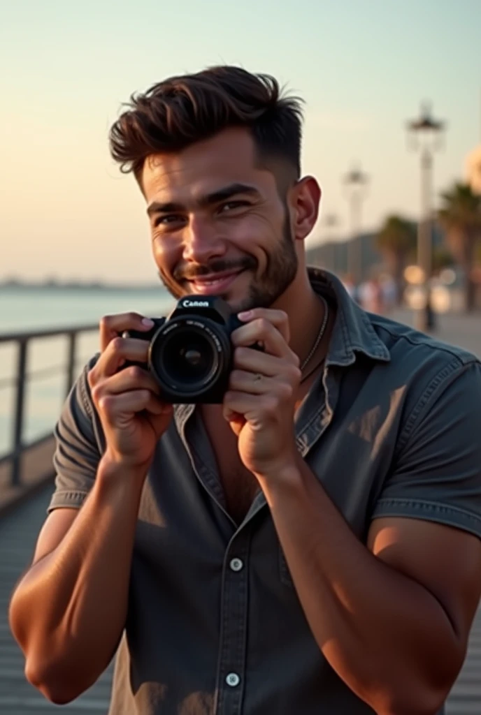 photorealistic, best quality, masterpiece, extremely detailed, sexy, homoerotic, extremely handsome, 20 year old latin man, stocky build, smiling, takes your photo with a DSLR camera, by the pier, extremely romantic atmosphere, perfect face, perfect fingers, perfect hands, perfection