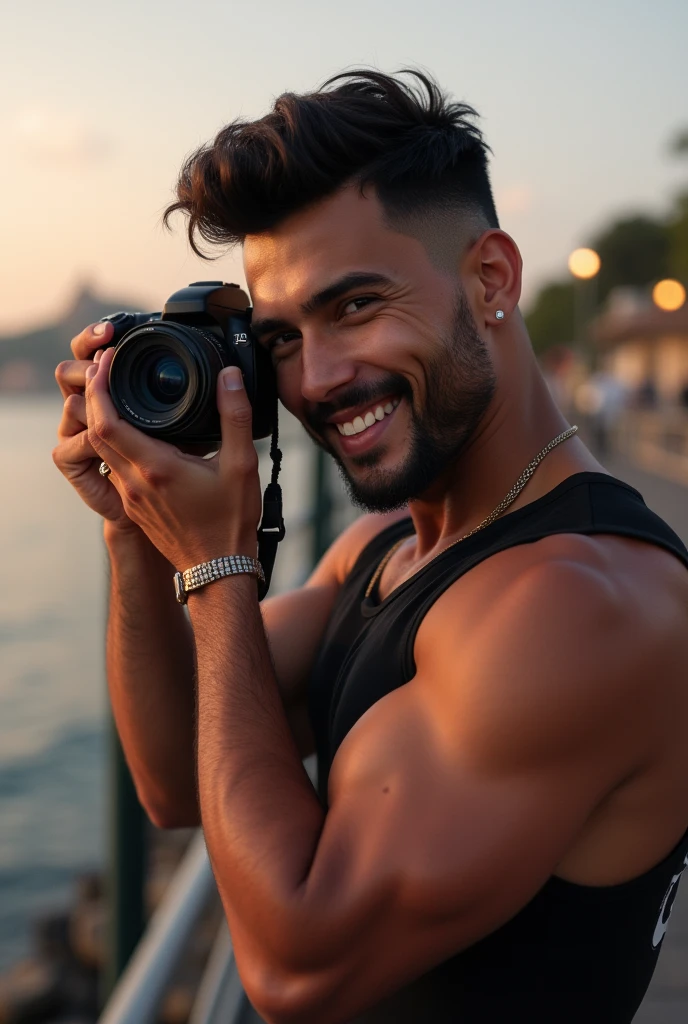 photorealistic, best quality, masterpiece, extremely detailed, sexy, homoerotic, extremely handsome, 20 year old latin man, stocky build, smiling, takes your photo with a DSLR camera, by the pier, extremely romantic atmosphere, perfect face, perfect fingers, perfect hands, perfection