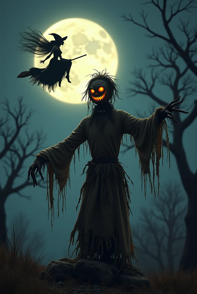 Scarecrow under a moonlit night and a sexy witch flying on a broom for Halloween
