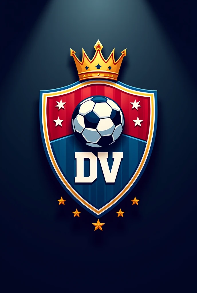 football shield with black colors, Red and blue with the initials DV, with a soccer ball in the center of the top part and a crown on top of the ball, with stars at the bottom of the shield and inside the shield that says Deportivo del Valle all in 2D