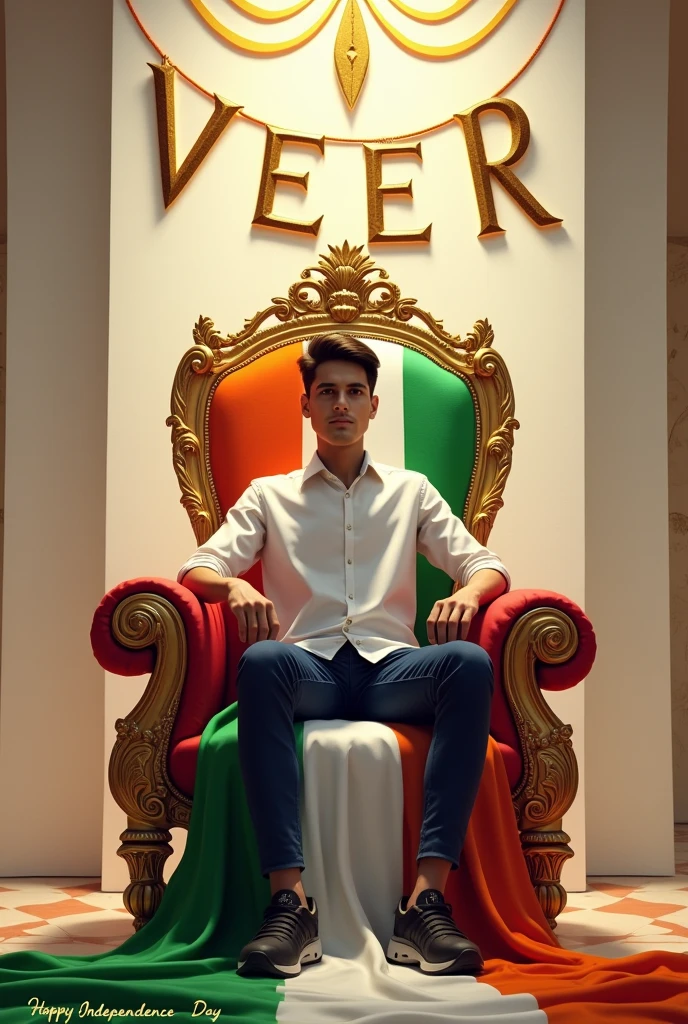Create realistic illusion image A 20 years old boy is sitting on a king chair with indian tricolor wings and behind him the color of the wall is white on which “VEER” is written in golden. and also written Happy Independence Day” in clear letter written on small size on bottom