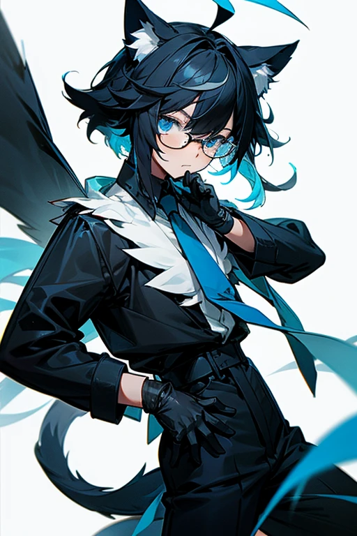 solo, looking at viewer, bangs, blue eyes, simple background, shirt, black hair, gloves, 1boy, white background, animal ears, blue hair, tail, ahoge, white hair, male focus, multicolored hair, necktie, glasses, black gloves, streaked hair, animal ear fluff, black pants, crown, semi-rimless eyewear, black-framed eyewear