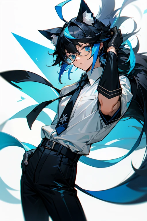 solo, looking at viewer, bangs, blue eyes, simple background, shirt, black hair, gloves, 1boy, white background, animal ears, blue hair, tail, ahoge, white hair, male focus, multicolored hair, necktie, glasses, black gloves, streaked hair, animal ear fluff, black pants, crown, semi-rimless eyewear, black-framed eyewear