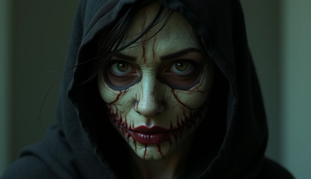Woman in a creepy mask、He tilts his head and stares at you、 (masutepiece:1.2), Best Quality, hight resolution, (Beautiful detailed eyes:1.6), extra detailed face, Perfect Lighting, extremely details CG