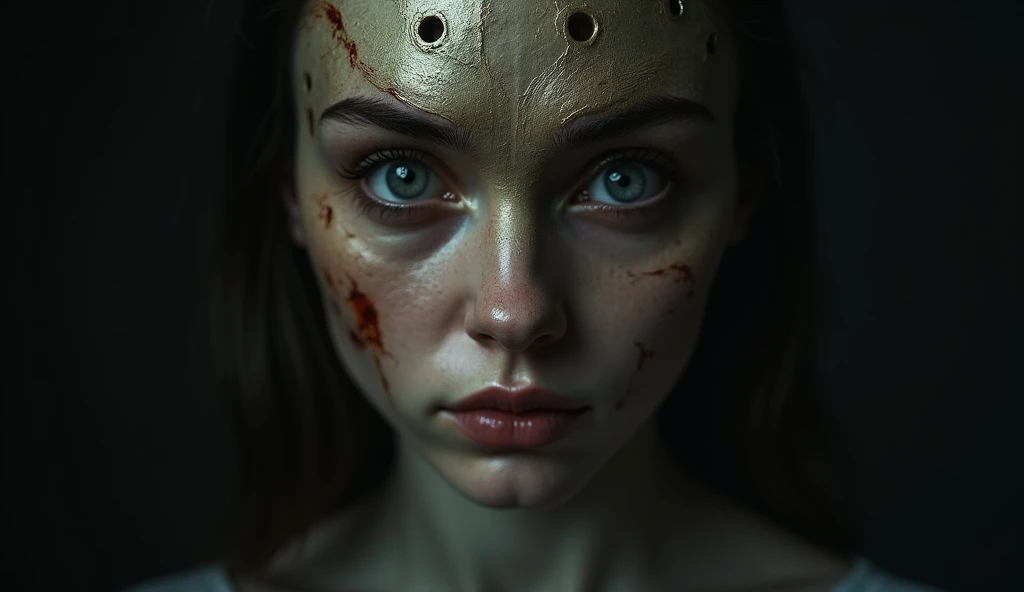 Woman in a creepy mask、He tilts his head and stares at you、 (masutepiece:1.2), Best Quality, hight resolution, (Beautiful detailed eyes:1.6), extra detailed face, Perfect Lighting, extremely details CG