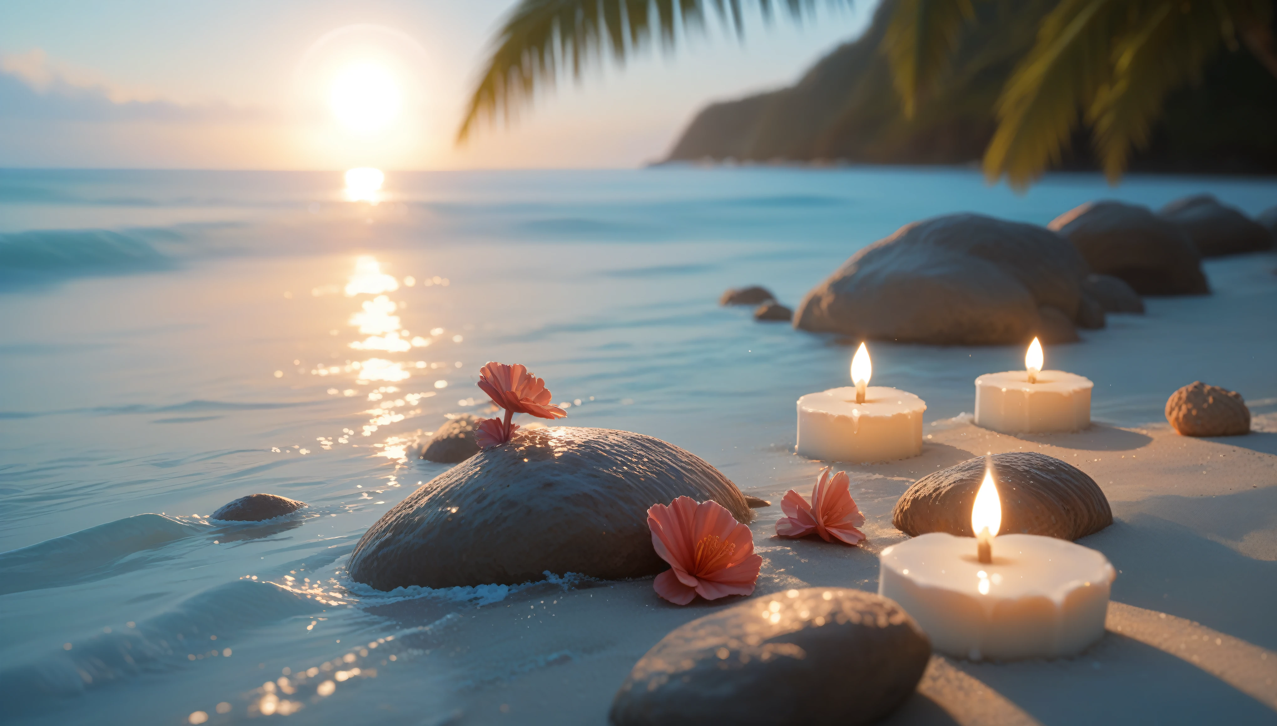 Sea of night、A candle and seashells are placed on the sandy beach., Highly detailed digital art in 4K, Close-up cinematic underwater scenes, Relaxed atmosphere, Beautiful composition 3-d 4k, 8k Sensual Lighting, Peaceful atmosphere, ultra realistic 3d illustration, Warm and beautiful scenery, High-quality 3D rendering, High-quality 3D rendering, Beautiful lighting composition
