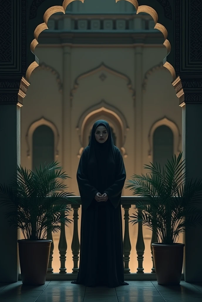 One women muslim sad in the balcon room
