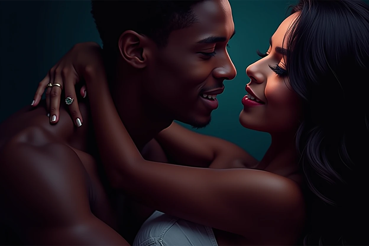 photorealistic, African American couple, kissing, beautiful, dark skin, sexy, (Best quality, 8k, 32k, Masterpiece, UHD), no bra, no shirt, naked, 32K wallpaper, romantic background, big ass, voluptuous, thick body figure, big lips, glowing skin, nighttime, candles and roses around, sweaty, dripping wet, passion, affectionate, hearts floating everywhere