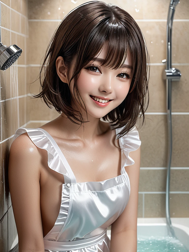 product quality, 1girl, full body shot, front view, a Japanese young pretty girl, shoulder length bob hair, wearing only a silky satin white apron with white frills over her naked body with a big smile, taking a shower in a luxury shower room, glamorous figure, wet hair, wet body, busty, hyper cute face, glossy lips, double eyelids in both eyes, natural makeup, long eyelashes, shiny smooth light brown hair, asymmetrical bangs, fair skin, central image, high resolution, high detail, detailed hairstyle, detailed face, cinematic lighting, octane rendering, vibrant, hyper realistic, perfect limbs, perfect anatomy
