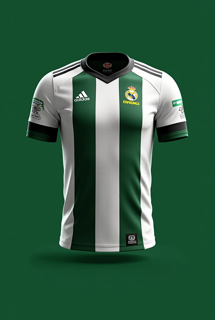 Create a football shirt with the name and logo Esperança Sport Clube in green, black and white lines, similar to the Real Madrid shirt 