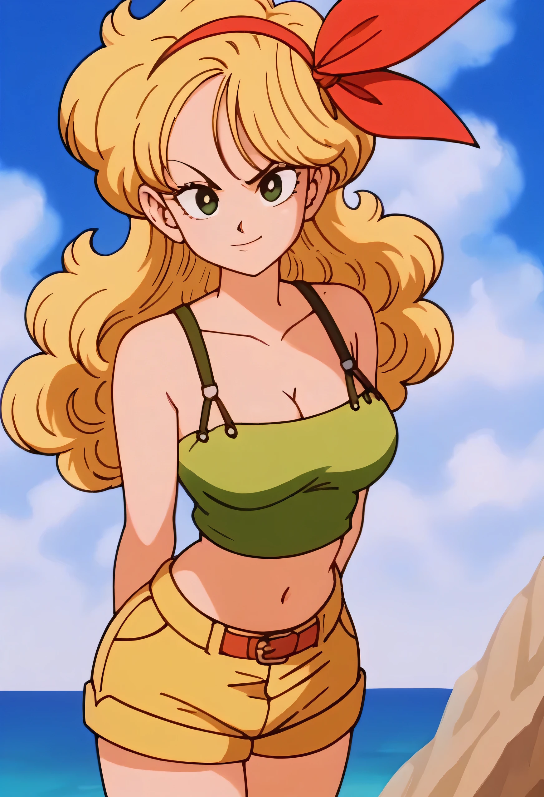 source_anime, score_9, score_8_up, score_7_up, anime screencap, high quality, launch bad, 1girl, solo, blonde hair, breasts, shorts, standing up straight, hands behind back, looking at viewer, looking up, smile, green eyes, cleavage, green crop top, long hair, sky, cloud, curly hair, blue sky, midriff, day, big breasts, outdoors, bare hands, ribbon, short shorts, red hairband, bare shoulders, collarbone, yellow shorts, shirt, green legwear, eyelashes, seaside