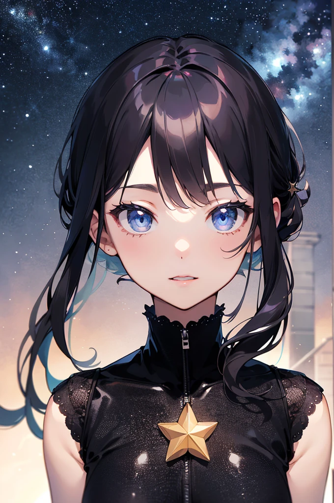 Pixiv artwork, exquisite (live-action realistic style), extreme face, blow-bombable skin, photorealistic light and shadow, starry eyes, seven-colored hair, shiny jewelry, colorful paint splashed background, dressed fashion, upper body out of the country, shoulders, front, beautiful, extremely high quality, cinematic picture