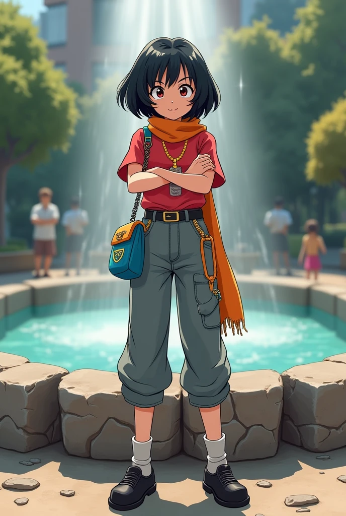 fountain_cheered up, score_9, score_8_above, score_7_above, cheered up screencap,8k, absurd resolution,
Pan \(Dragon Ball\), 1 girl, Alone, looking at the viewer, short hair, hits, black fur, Session, Whole body, short sleeves, sneakers, black gloves, golden ornaments, loose socks, belt, blue bag, black shoes, black eyes, chain, Crossed arms, crossed legs, schoolbag, Denim, Red shirt, orange scarf, retro artstyle, , grey Pants, fanny pack, purple leggings, shoe soles, V-shaped eyebrows, from below, rock, diaphragm, clavicle, 1990s \(style\), showing tits ,nipples ,naked tits
