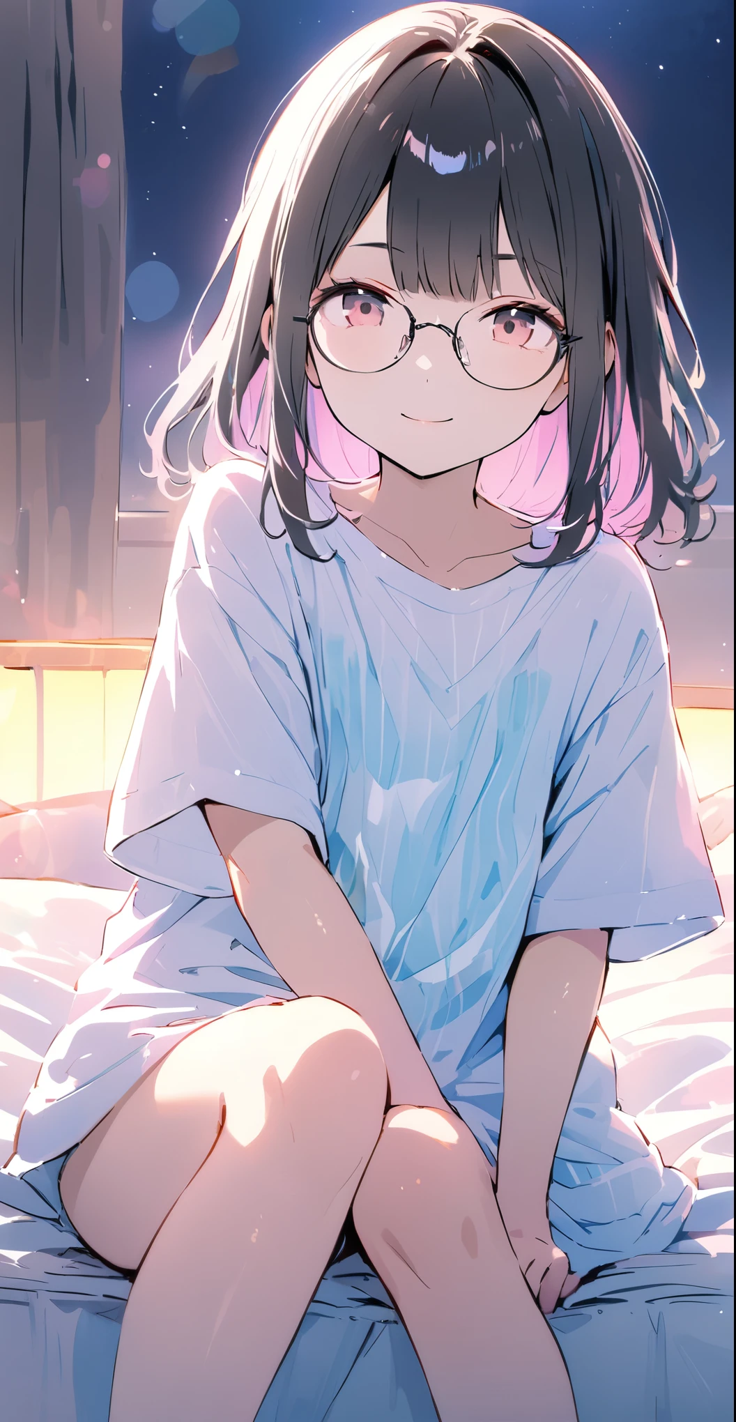 Momoko Sakura Style、8K quality、Intense watercolor, Detailed watercolor art, Pink watercolor splash, surreal, Very cute 17 year old girl, ((She wears an oversized shirt, underwear with cute horizontal stripes, and large round glasses.)、(Black hair color、Pastel color inner color hairstyle、Hair expressed with a delicate touch), Beautiful Hair, facial contour, Remember,  splash, Lens flare、Dim lighting、illumination、natural color, High resolution, Very delicate, Very detailed, 8k、(night)、hotel、Shy smile、bed、((sexuell))、View from knee