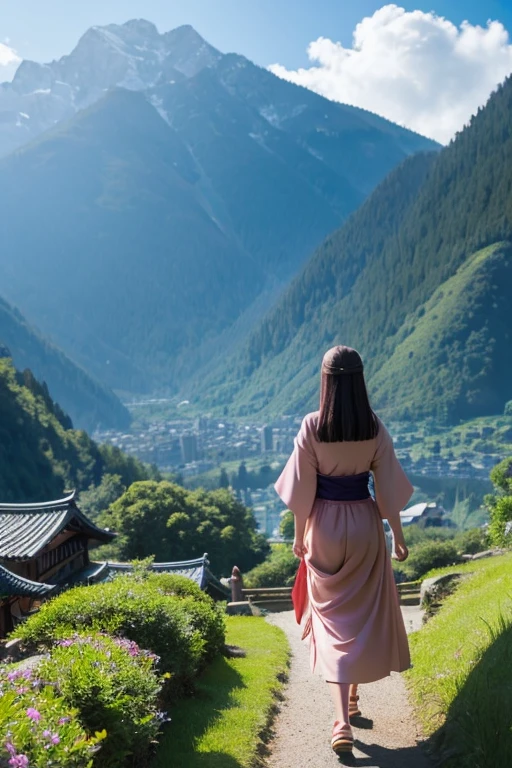Fairy tale world、Ghibli style、The back view of walking、A world where yokai live in the mountains、