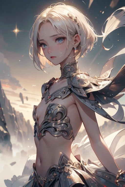 ((Highest quality)), ((masterpiece)), (detailed), One person, (Large forehead:1.2),extremely detailed cute anime face, (((Flat Chest))), (Flat Chest:1.1),((((Short Bob Hair)))),Complex eyes,beautiful detailed eyes,Symmetrical eyes,(((detailed face))),beautiful detailed lips, If you look at this, (((Embarrassing))),(emotional expression),(Are crying),High resolution,(Highest quality),(ultra detailed,extremely detailed),Perfect Face details, ((masterpiece:1.4, Highest quality))+, (ultra detailed)+,, cute, (Flat Chest:1.1), Small breasts, The body is slim, skinny, (Small waist), prominent clavicle, skinny arms, Flat Stomach, Pelvic bones are visible, White-blonde hair, Perfect Face, detailedなボディ,Complete limbs,(From behind), (Turning),