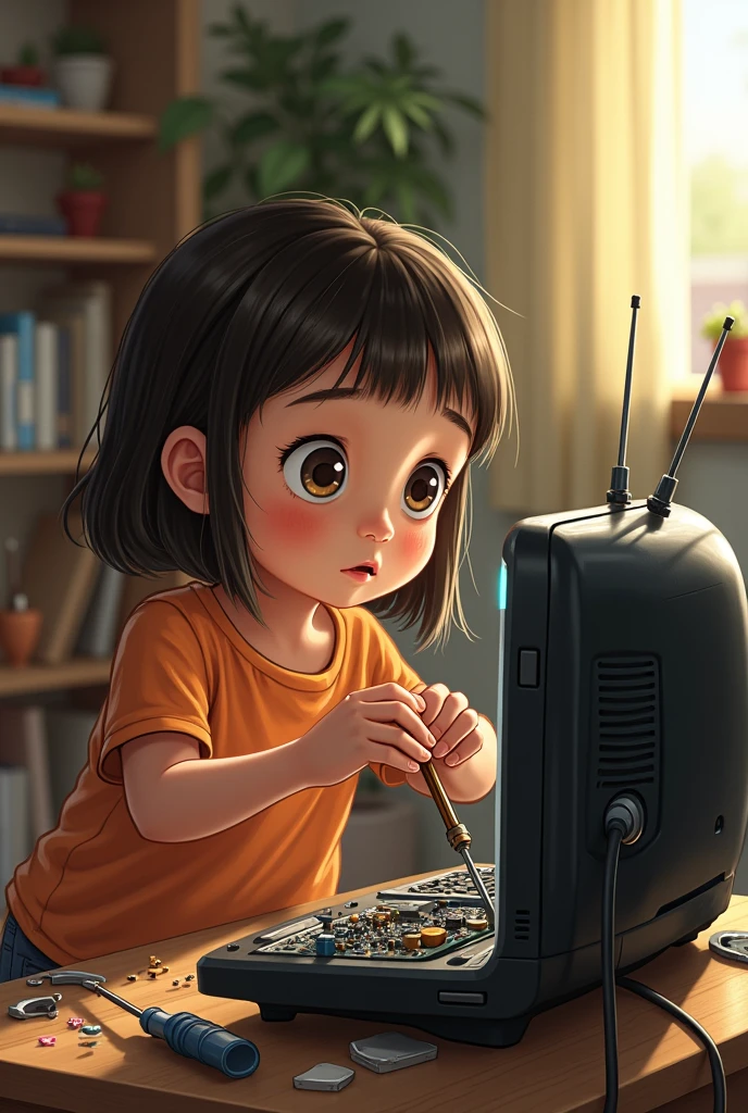 5-year-old girl disassembling a television with a screwdriver  