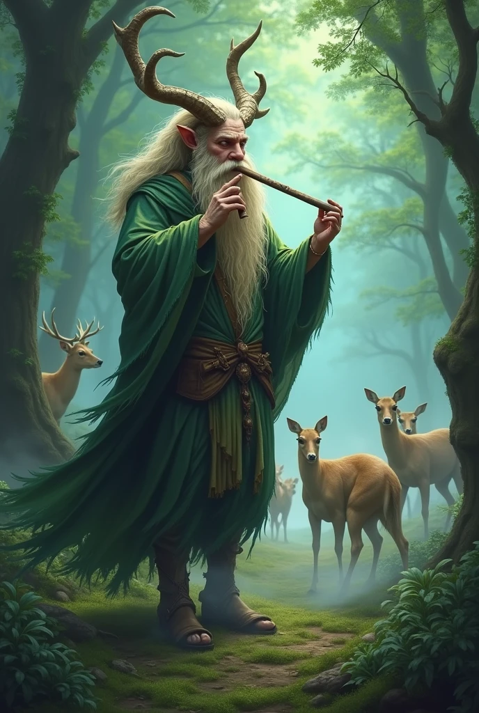 A dense and realistic forest. A light mist hangs over the trees. Deer are everywhere. And a man with goat legs and a long beard is playing a flute