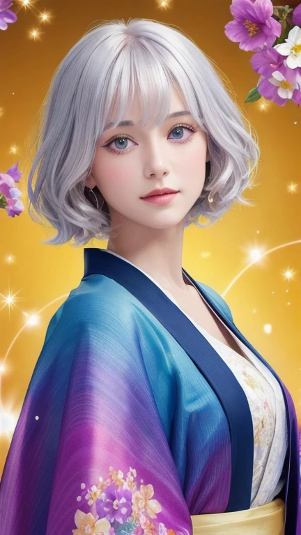 (masterpiece: 1.3), (8k, Realistic, RAW Photos, Highest quality: 1.4), (Single women), Beautiful Face, (Realistic Face), (Short Hair), (Silver Hair, almost white hair, Shiny Hair, Beautiful straight hair), (Bangs too), (Sharp bangs), Straight Hairstyles, Realistic eyes, Beautiful attention to detail (Purple eyes), (Sharp eyes), (Realistic Skin), Beautiful Skin, (kimono), (magician's kimono), (Flower Hair Ornaments), Charm, ultra High resolution, Ultra-realistic, High resolution, Golden Ratio, Colorful background, (Flowers Bloom), (Energy Dance Background, Fancy Background, Rainbow Background), magician, I'm looking forward to, Look straight ahead, I'm looking forward to, Eyes meet, Look straight ahead, I'm watching you, Crystal ball in hand, (Heart crystal ball, Crystal Ball of Love). Anatomically correct, Highest quality, Accurate, High resolution, I'm looking forward to,