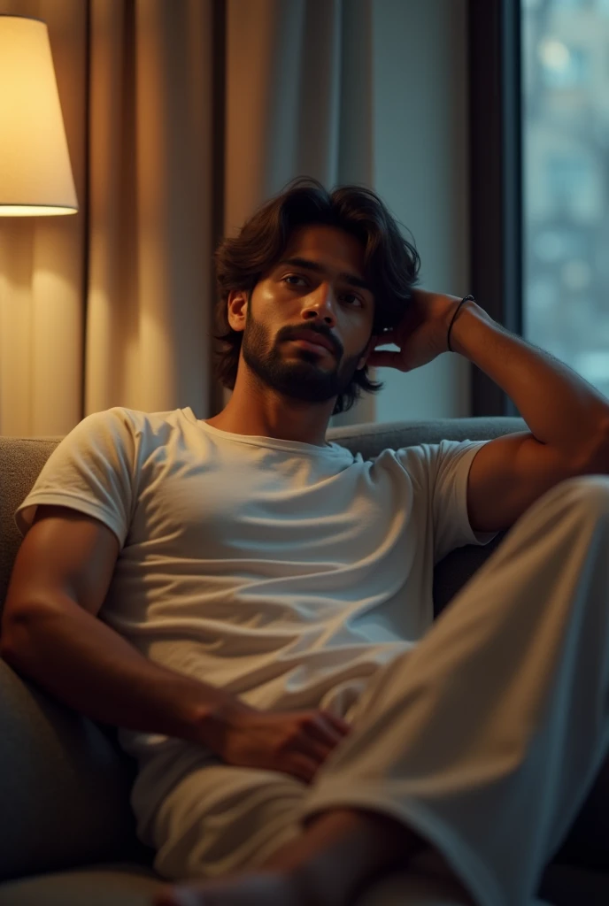 26 year old Indian man, sitting on the couch, medium hair, medium beard, loose pajamas, brown hair and eyes, low light coming from window, looking in the camera, gentle smile, mascular body, loose tshirt, sparkly eyes, left hand in hair, fair skin tone