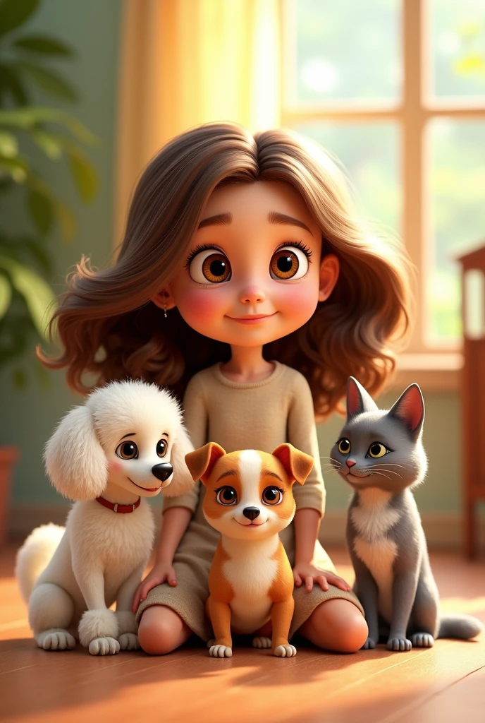 Girl with the following physical characteristics: brown wavy hair, large eyes, round, rosy cheeks. Must have three pets: a white poodle, a short-haired white Chihuahua with a brown spot over one eye and a light gray cat with white. Animated